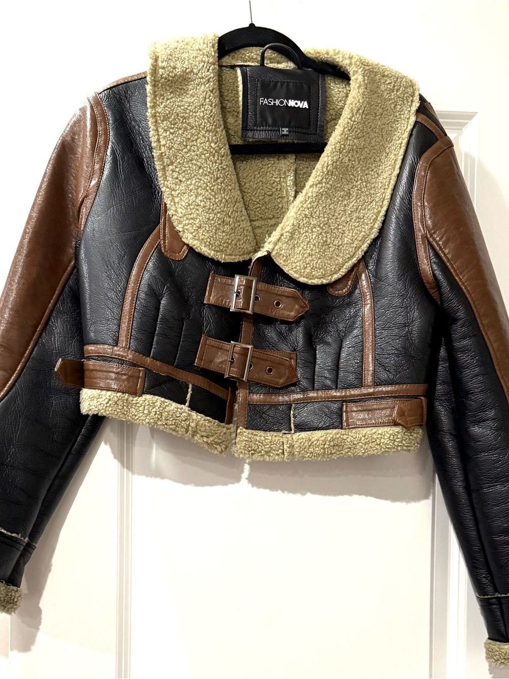 Fashion Nova Black and Brown Faux Shearling Cropped Aviator Jacket